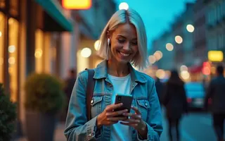 A woman in a denim jacket with earbuds smiling at her phone on a city street at dusk