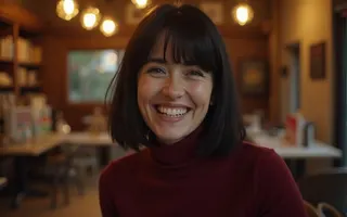 A dark-haired woman in a burgundy turtleneck laughing in a cosy café