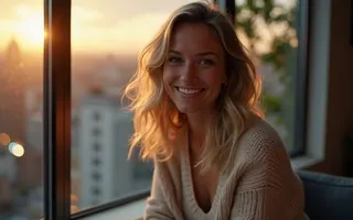 A blonde woman in a cream knit sweater smiling by a window at sunset