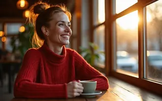 A woman in a red sweater laughing over a cup of coffee by a café window