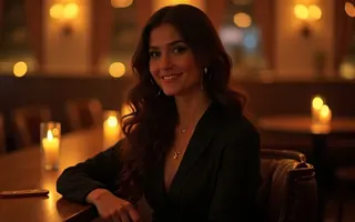 A dark-haired woman in a black blazer smiling at a candle-lit bar table